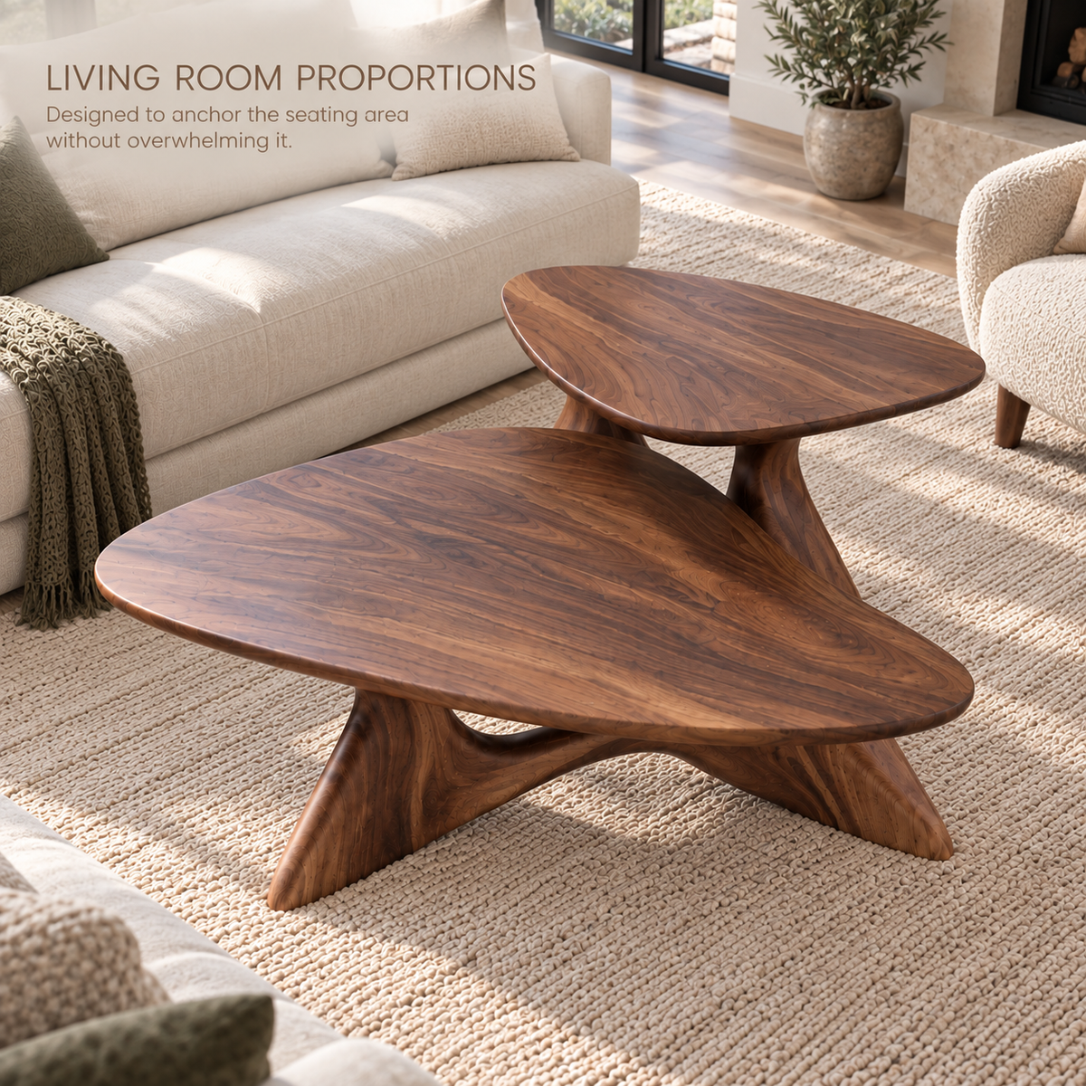 Vale Sculptural Solid Wood Coffee Table Set - Design 351 - product detail and styling view 3