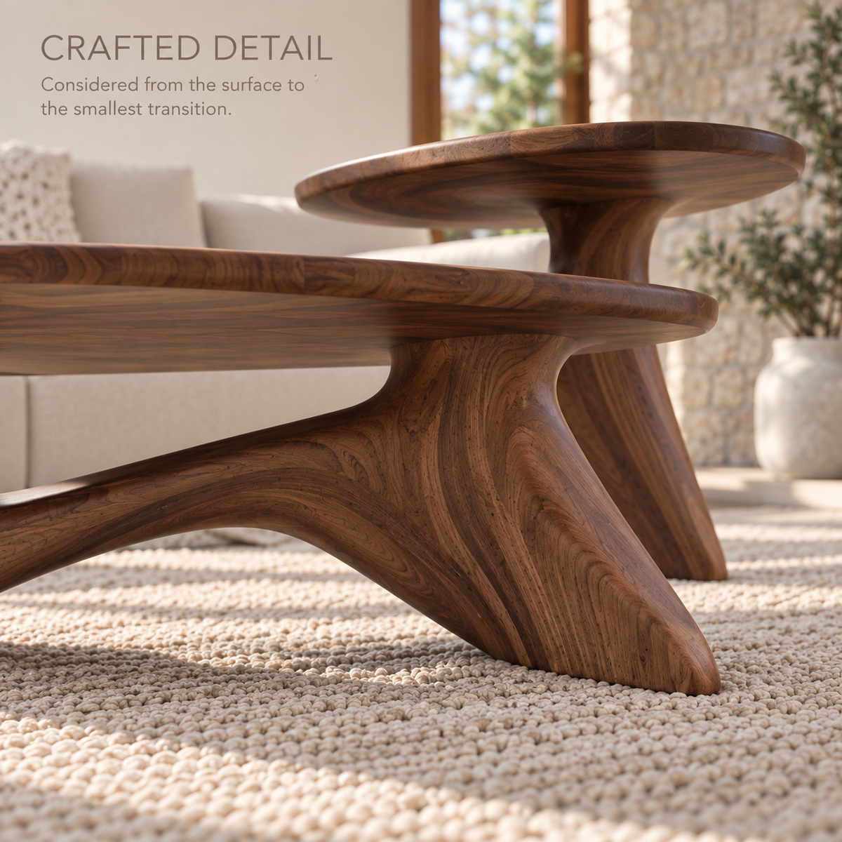Vale Sculptural Solid Wood Coffee Table Set - Design 351 - product detail and styling view 5