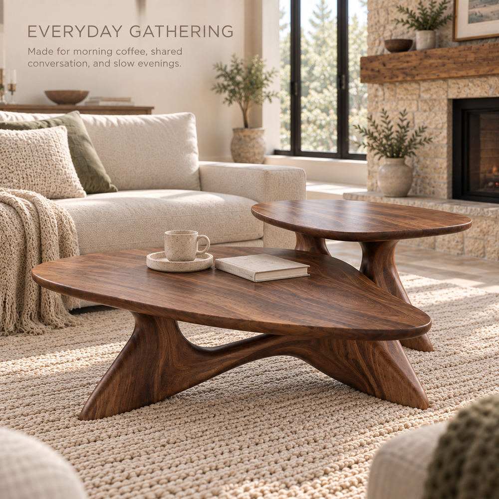 Vale Sculptural Solid Wood Coffee Table Set - Design 351 - product detail and styling view 6