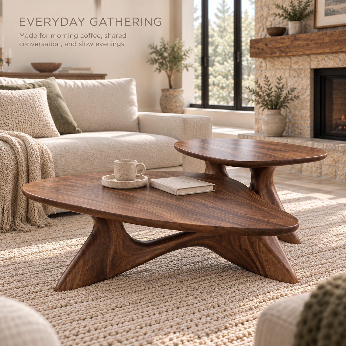 Vale Sculptural Solid Wood Coffee Table Set - Design 351 - product detail and styling view 6