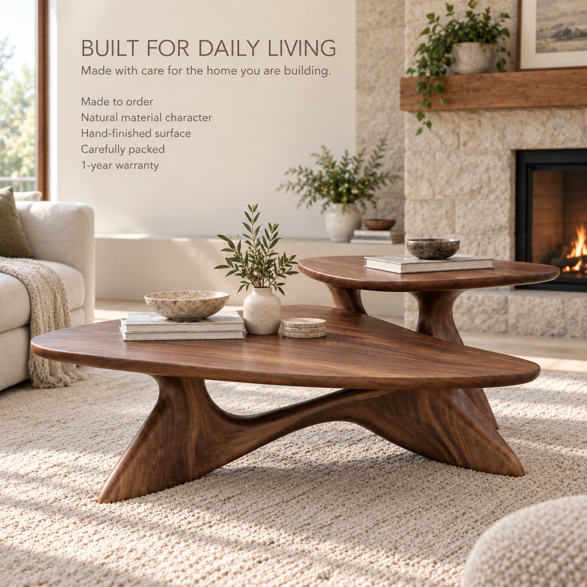 Vale Sculptural Solid Wood Coffee Table Set - Design 351 - product detail and styling view 8