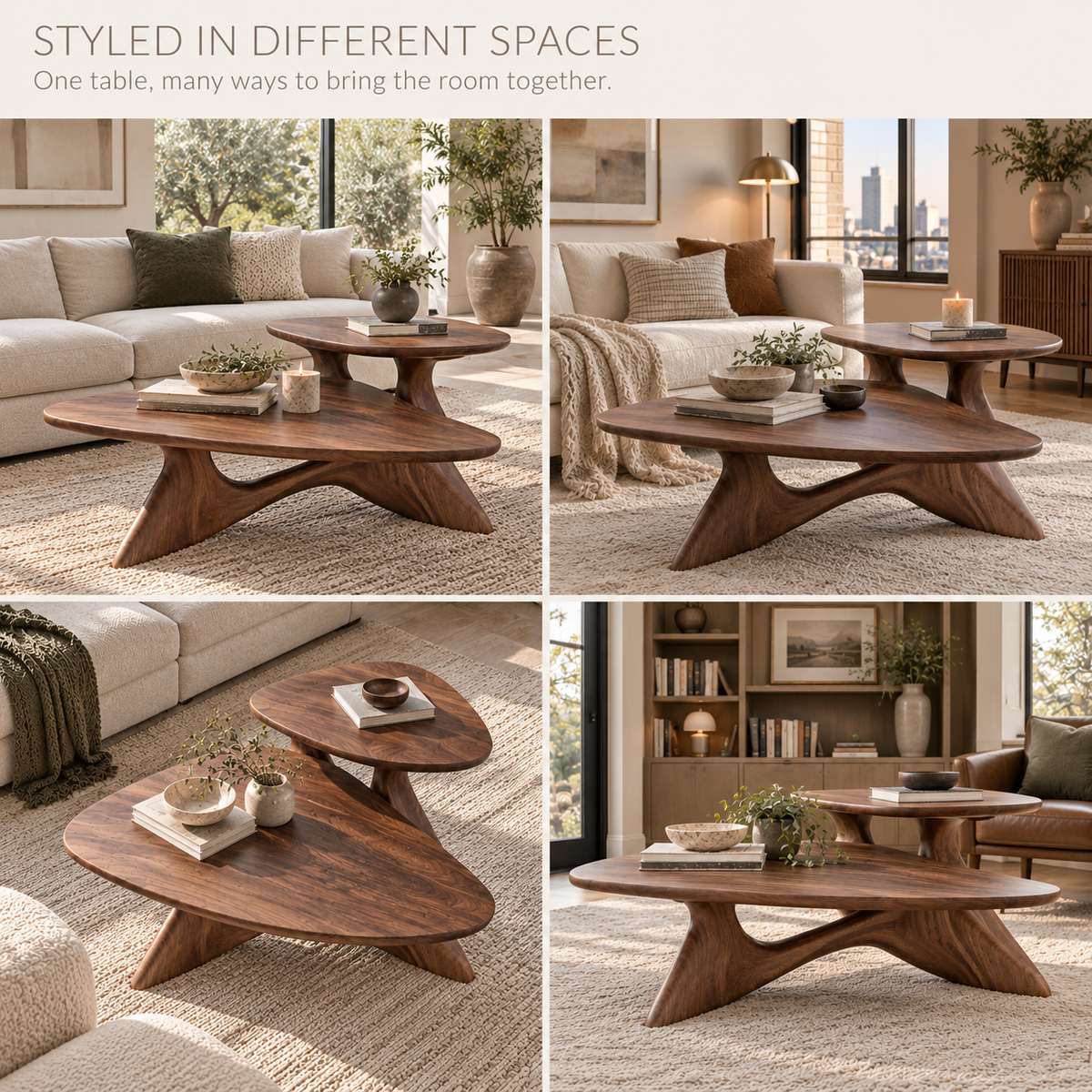 Vale Sculptural Solid Wood Coffee Table Set - Design 351 - product detail and styling view 9