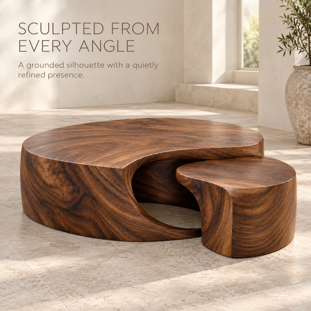 Isla Sculptural Solid Wood Coffee Table Set - Design 352 - product detail and styling view 2