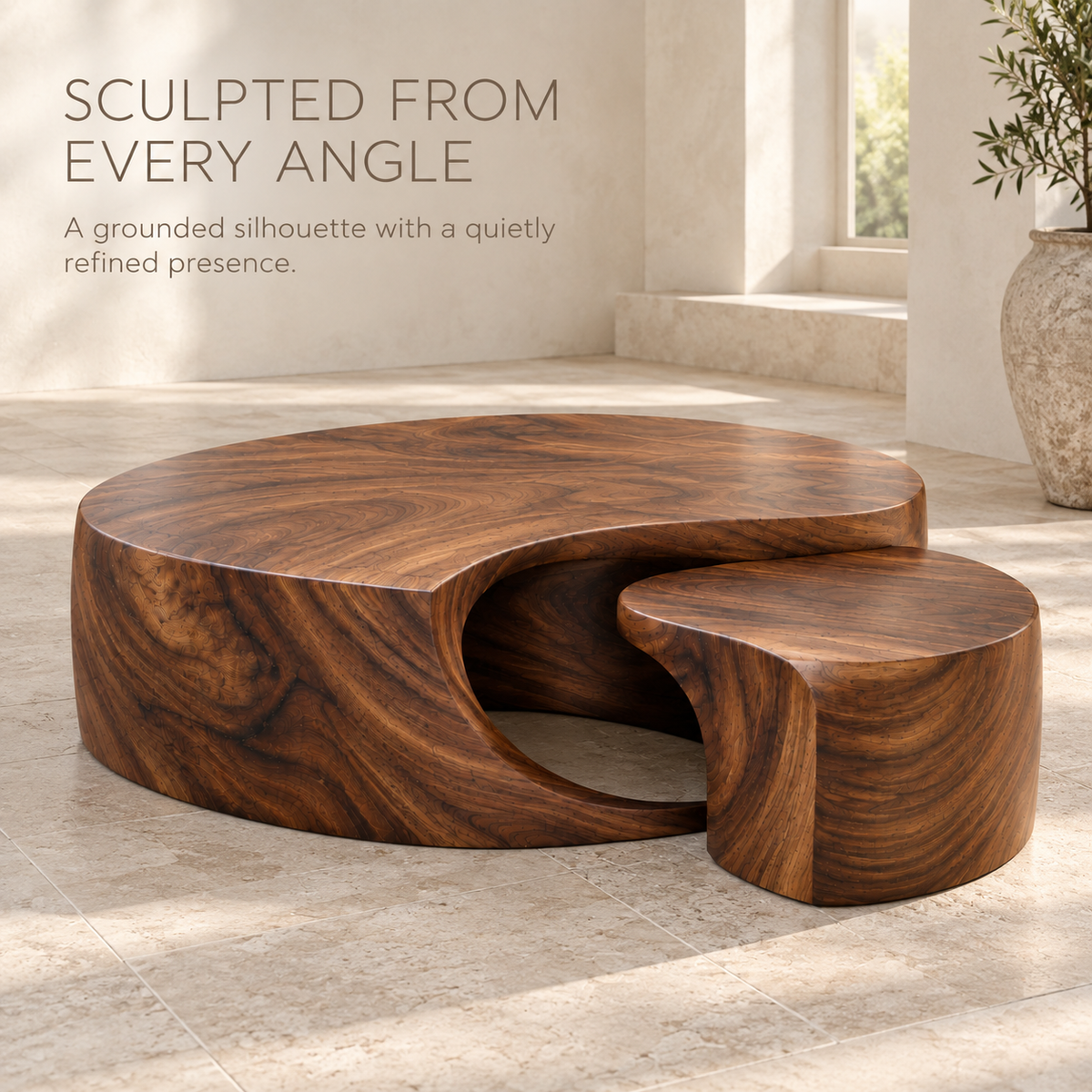 Isla Sculptural Solid Wood Coffee Table Set - Design 352 - product detail and styling view 2