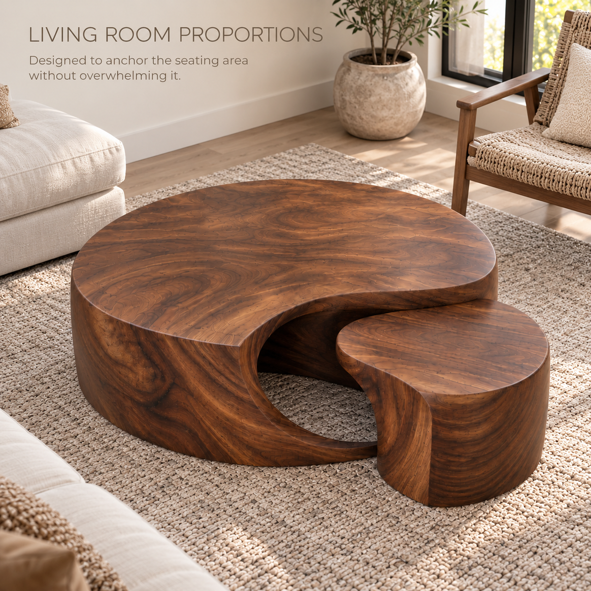Isla Sculptural Solid Wood Coffee Table Set - Design 352 - product detail and styling view 3