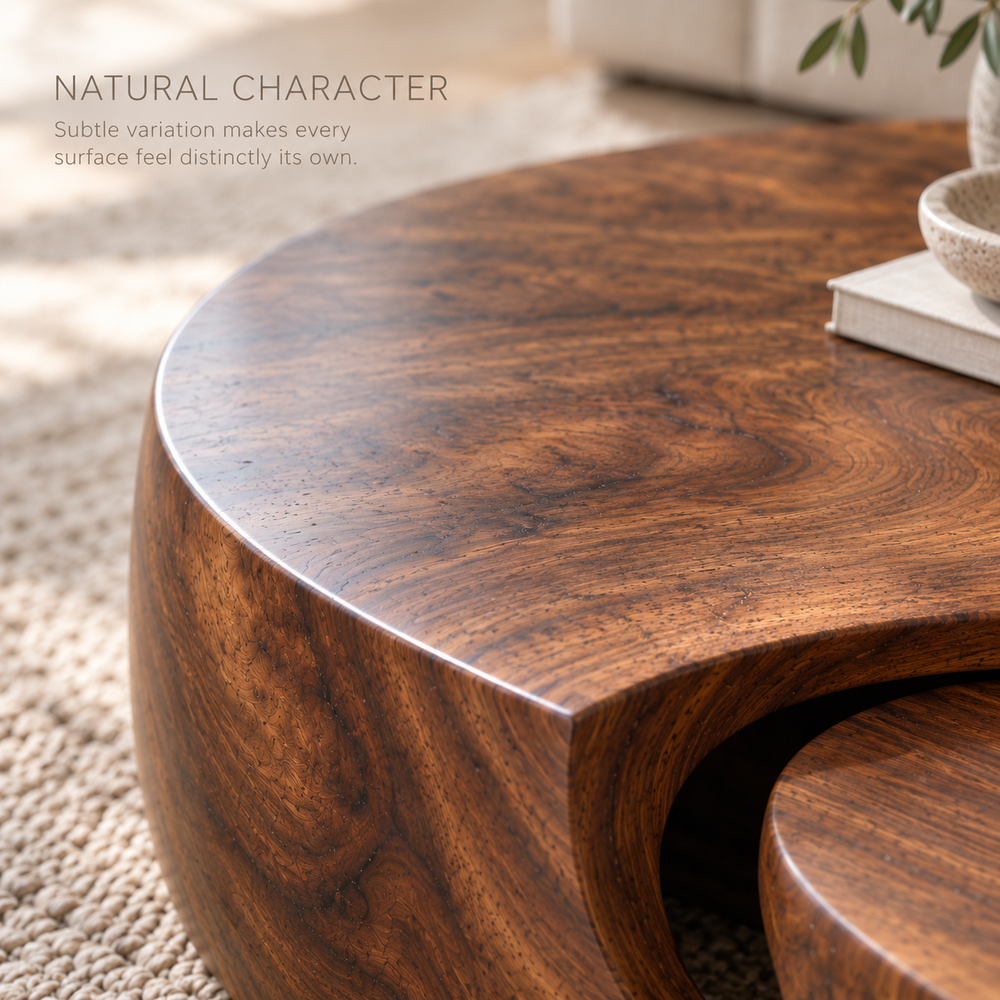 Isla Sculptural Solid Wood Coffee Table Set - Design 352 - product detail and styling view 4