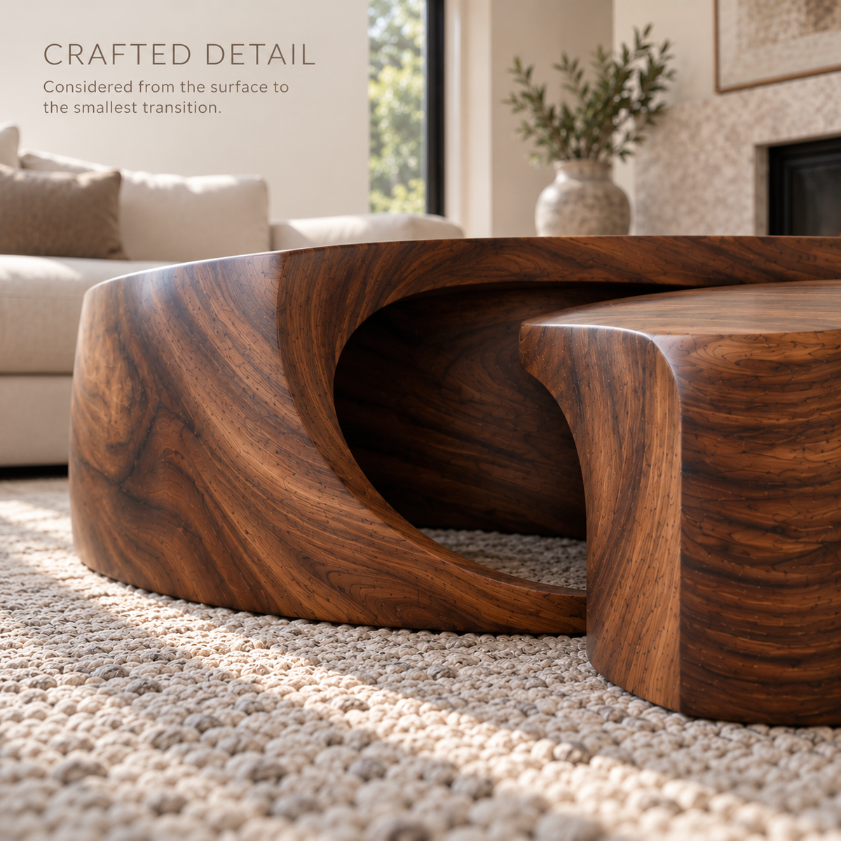 Isla Sculptural Solid Wood Coffee Table Set - Design 352 - product detail and styling view 5