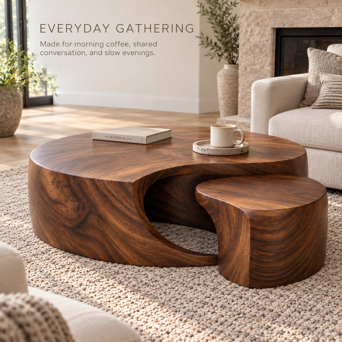 Isla Sculptural Solid Wood Coffee Table Set - Design 352 - product detail and styling view 6