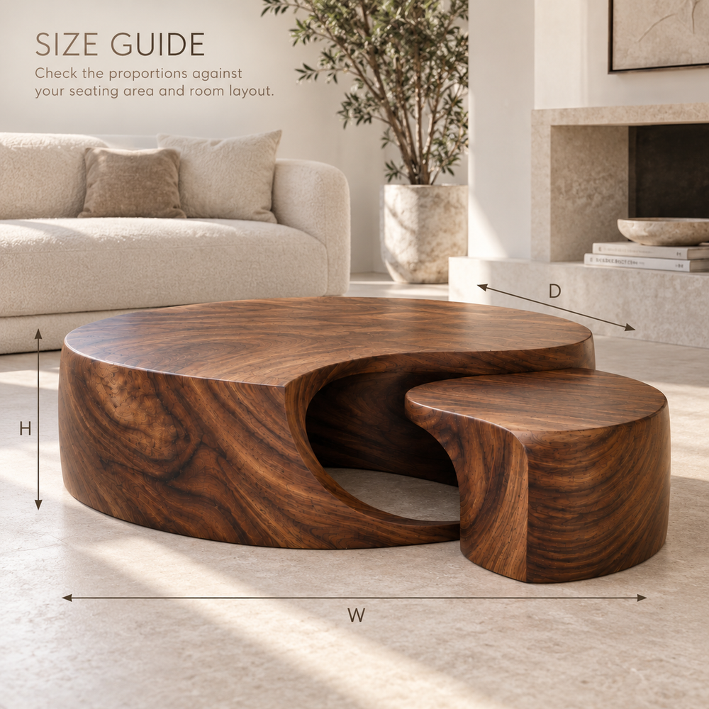 Isla Sculptural Solid Wood Coffee Table Set - Design 352 - product detail and styling view 7