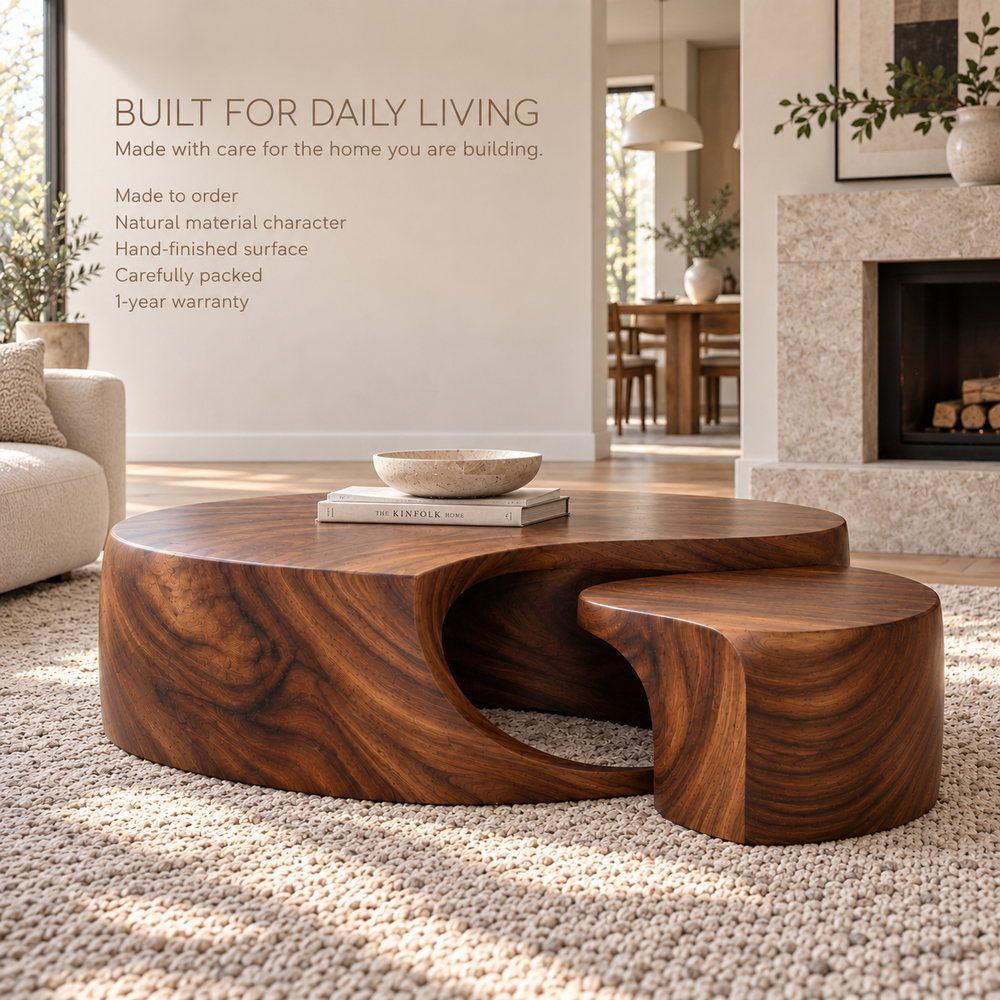 Isla Sculptural Solid Wood Coffee Table Set - Design 352 - product detail and styling view 8