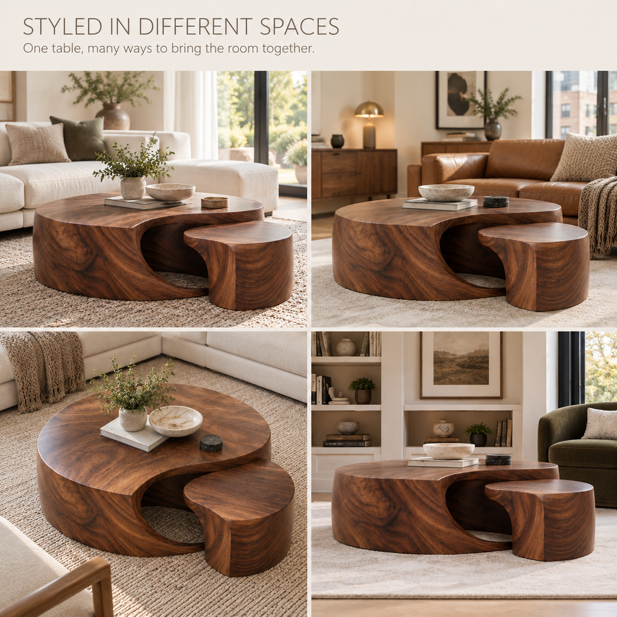 Isla Sculptural Solid Wood Coffee Table Set - Design 352 - product detail and styling view 9