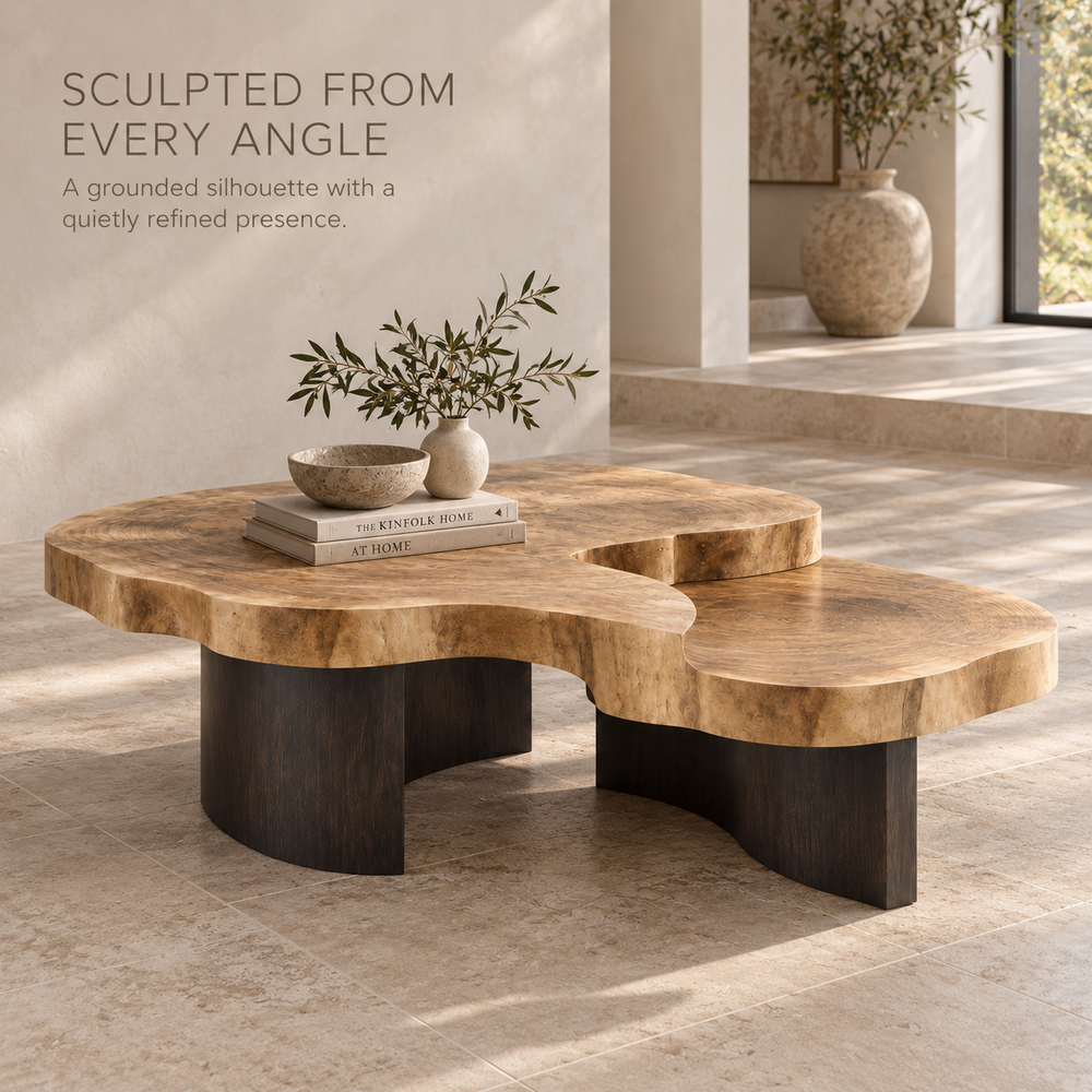 Celine Sculptural Solid Wood Coffee Table Set - Design 353 - product detail and styling view 2