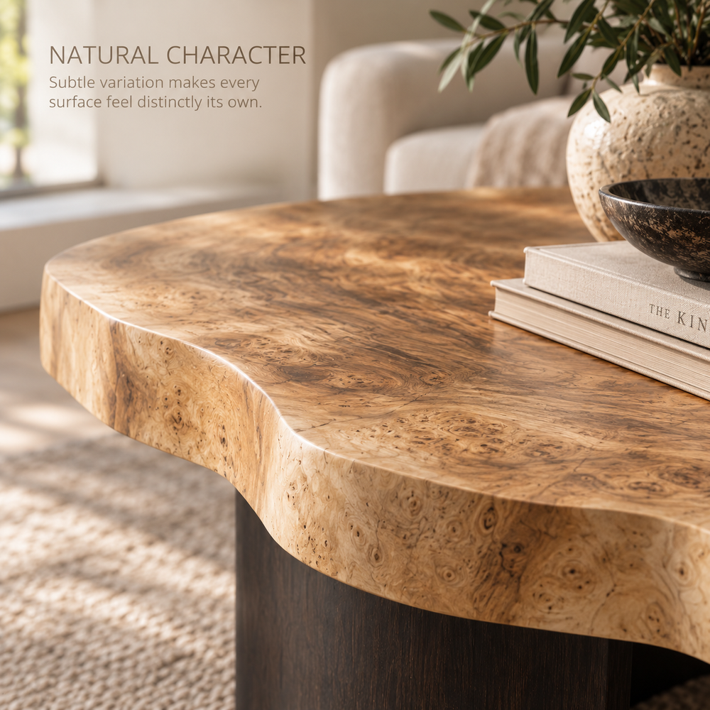 Celine Sculptural Solid Wood Coffee Table Set - Design 353 - product detail and styling view 4