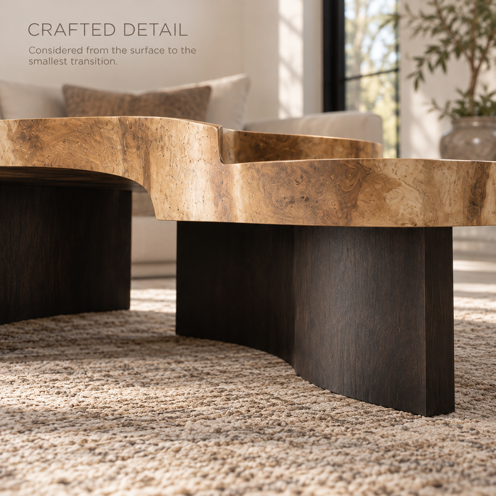 Celine Sculptural Solid Wood Coffee Table Set - Design 353 - product detail and styling view 5