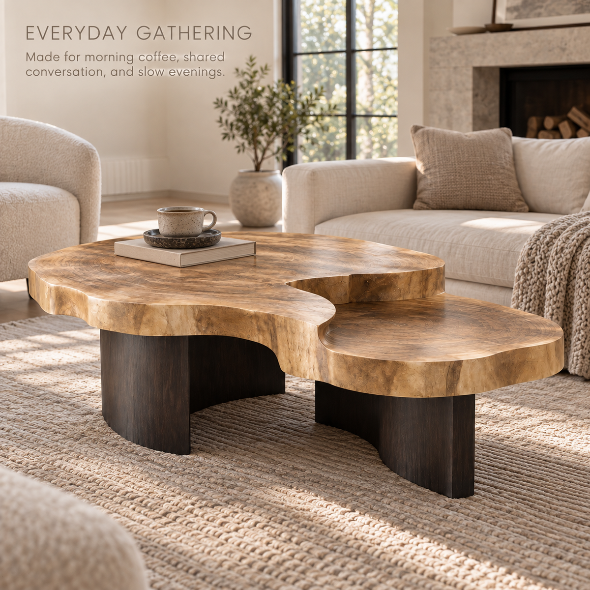 Celine Sculptural Solid Wood Coffee Table Set - Design 353 - product detail and styling view 6