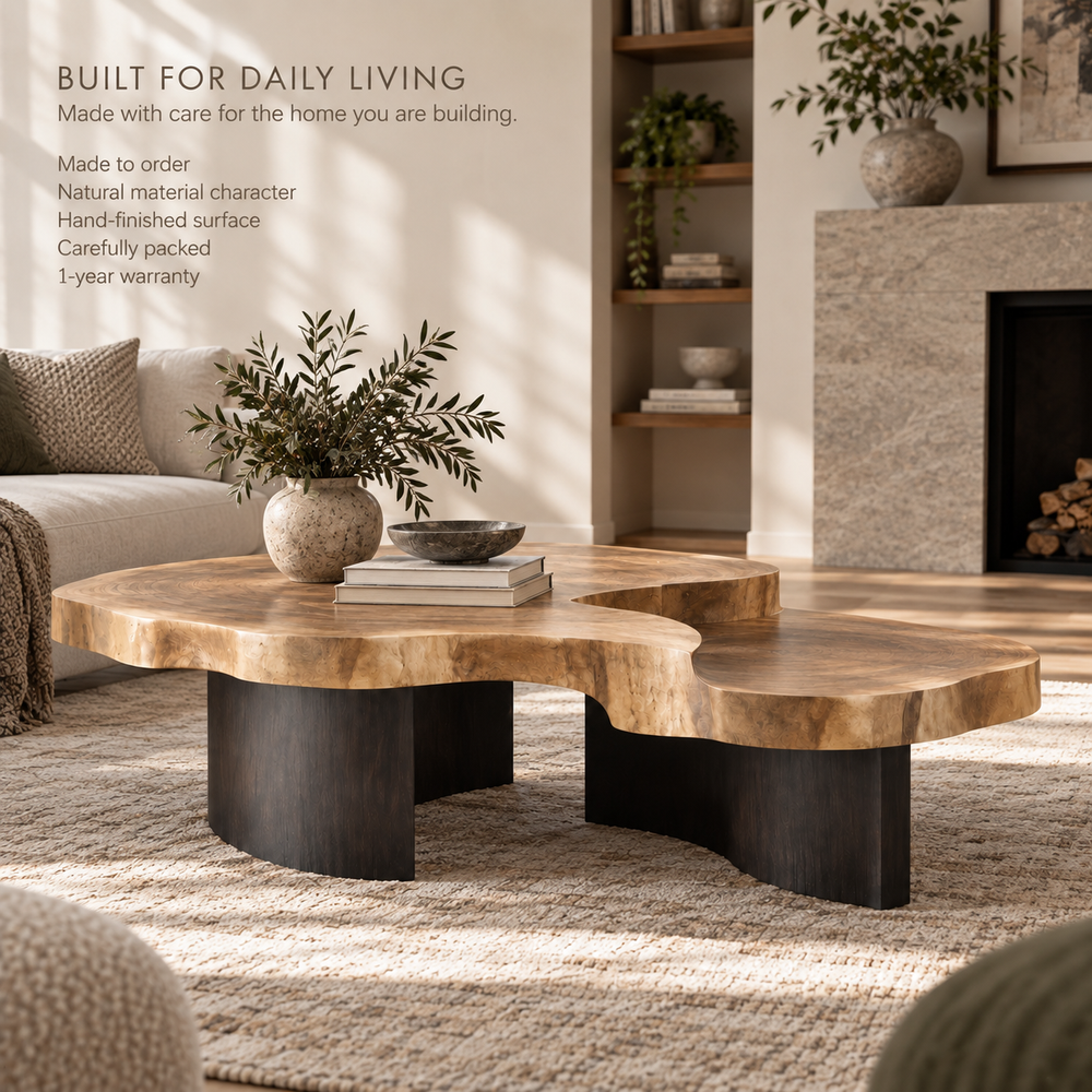 Celine Sculptural Solid Wood Coffee Table Set - Design 353 - product detail and styling view 8