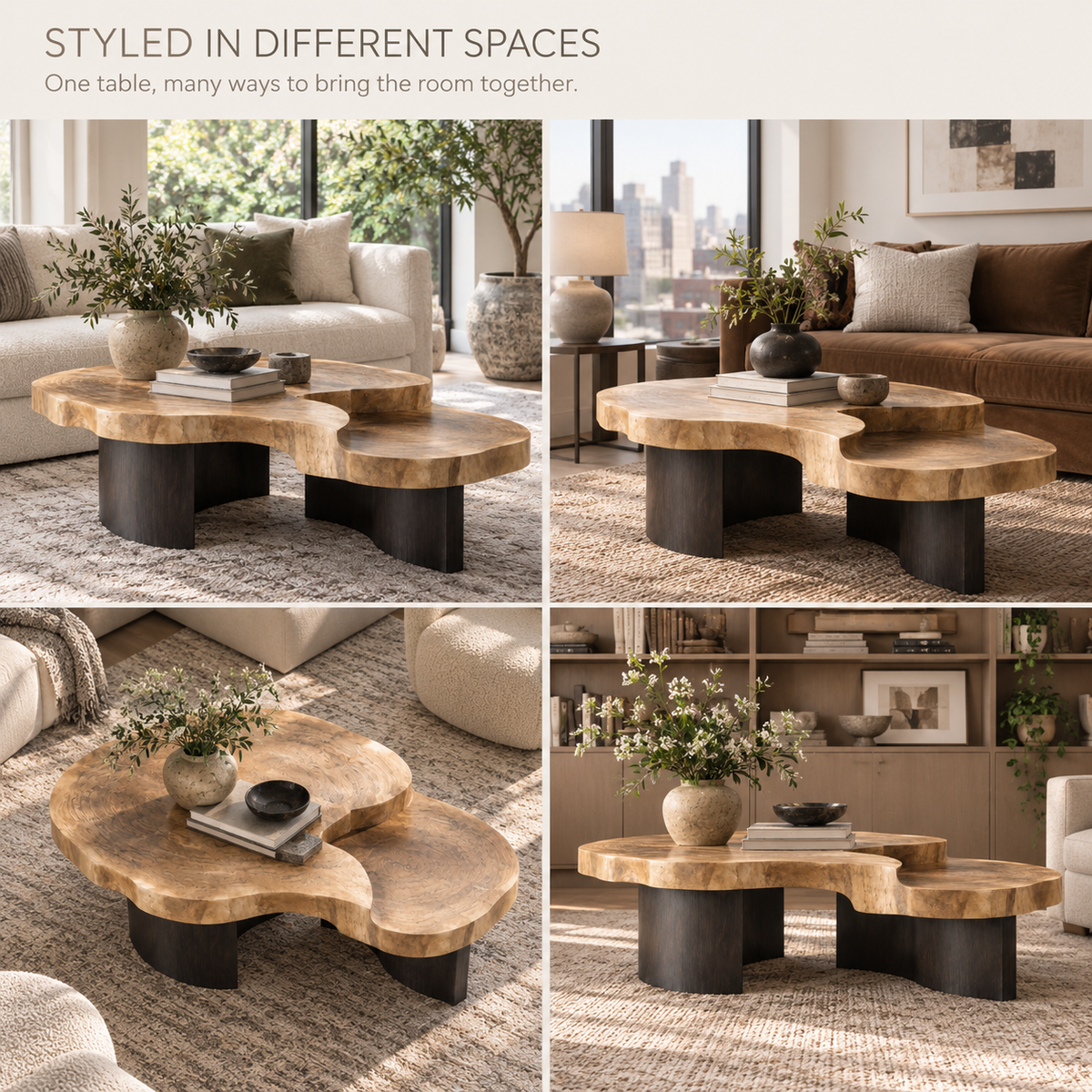 Celine Sculptural Solid Wood Coffee Table Set - Design 353 - product detail and styling view 9