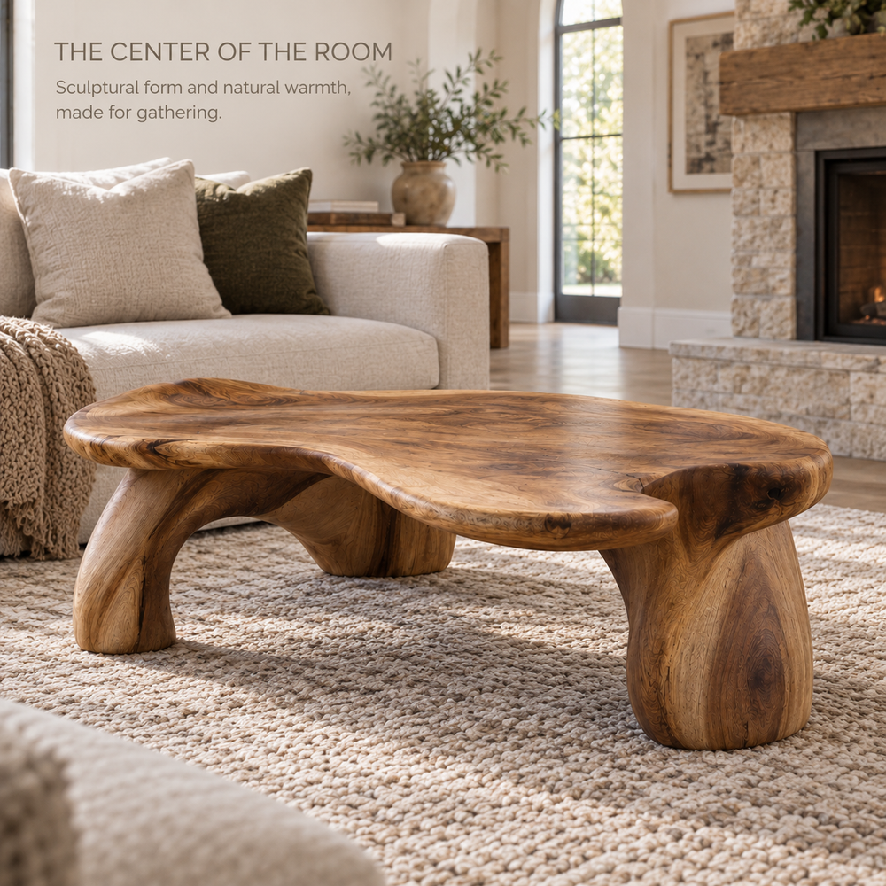 Alden Sculptural Solid Wood Coffee Table - Design 354 - main lifestyle view