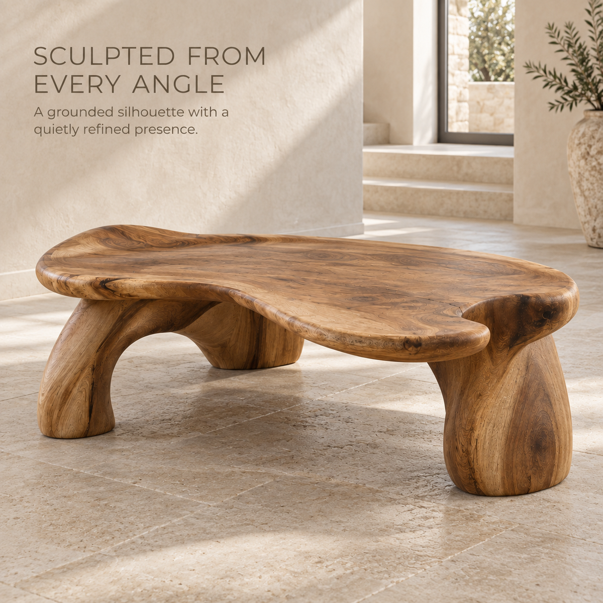 Alden Sculptural Solid Wood Coffee Table - Design 354 - product detail and styling view 2