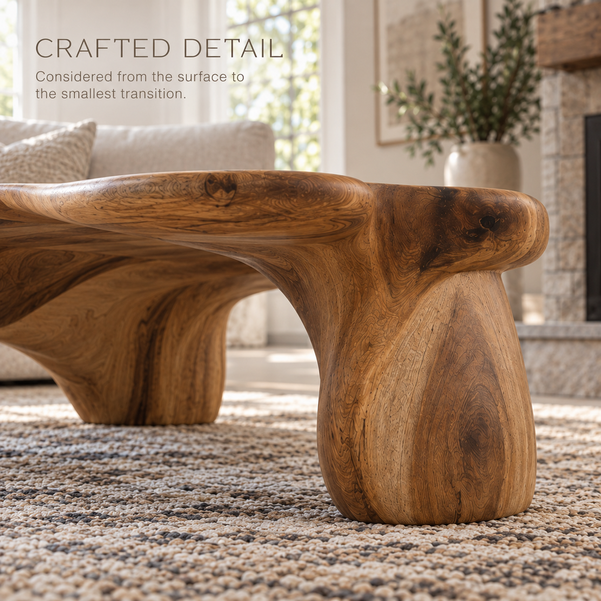 Alden Sculptural Solid Wood Coffee Table - Design 354 - product detail and styling view 5