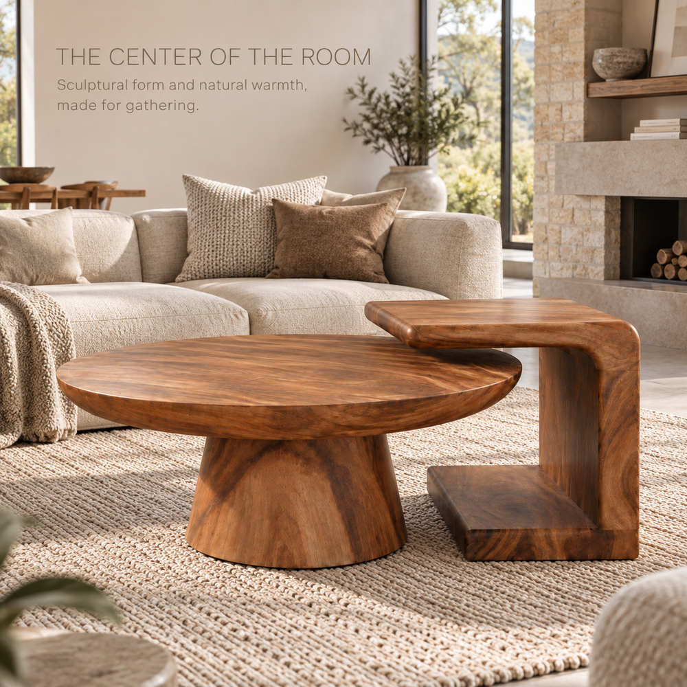 Eira Sculptural Solid Wood Coffee Table Set - Design 355 - main lifestyle view