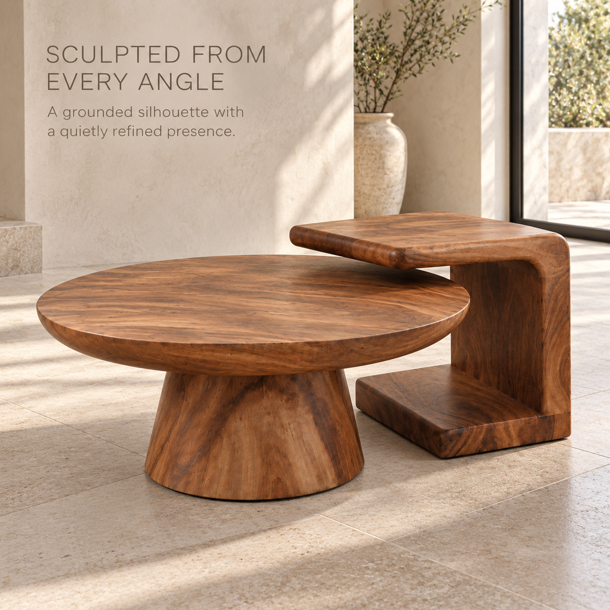 Eira Sculptural Solid Wood Coffee Table Set - Design 355 - product detail and styling view 2