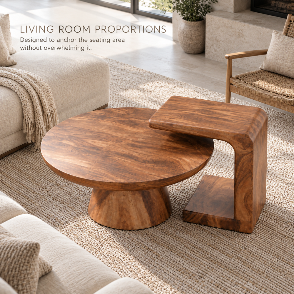 Eira Sculptural Solid Wood Coffee Table Set - Design 355 - product detail and styling view 3