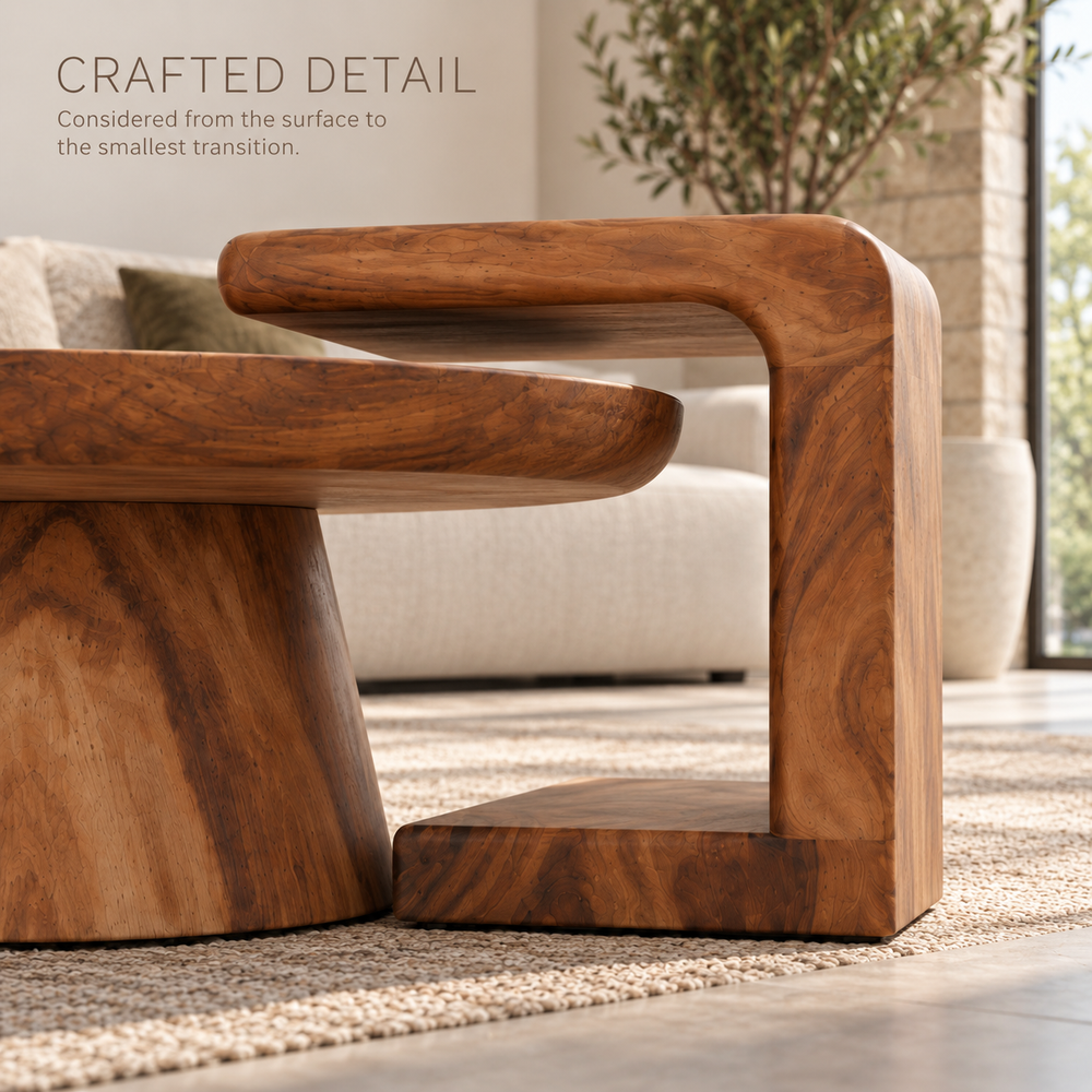 Eira Sculptural Solid Wood Coffee Table Set - Design 355 - product detail and styling view 5