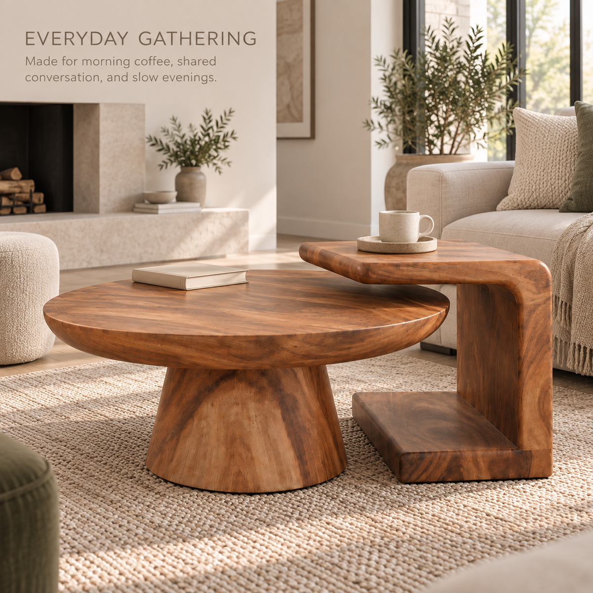 Eira Sculptural Solid Wood Coffee Table Set - Design 355 - product detail and styling view 6