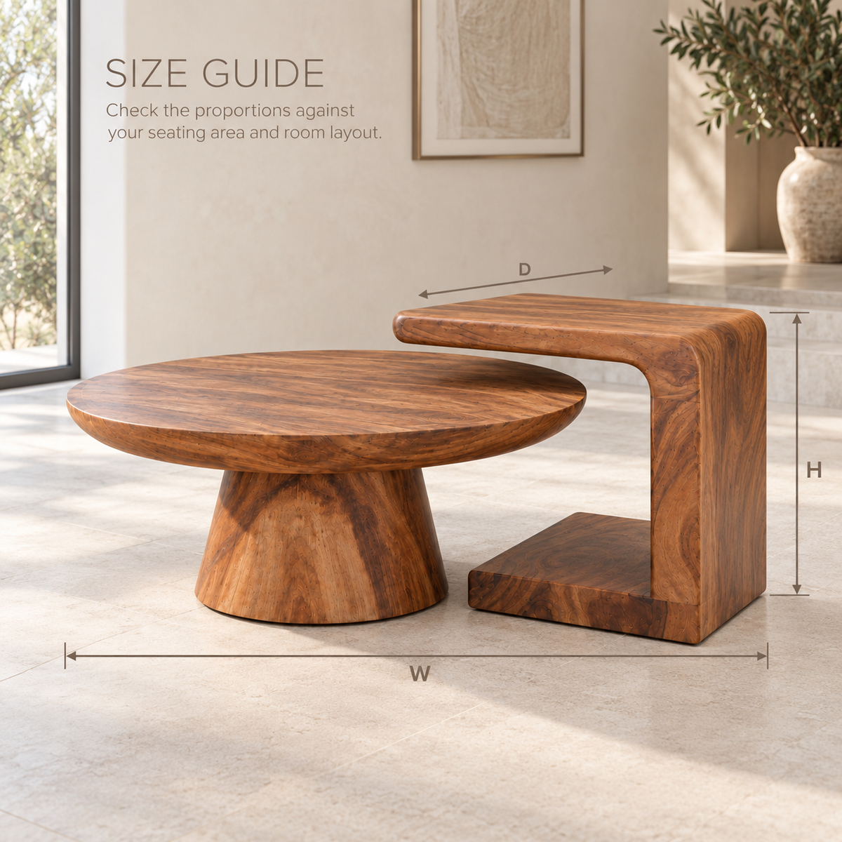 Eira Sculptural Solid Wood Coffee Table Set - Design 355 - product detail and styling view 7