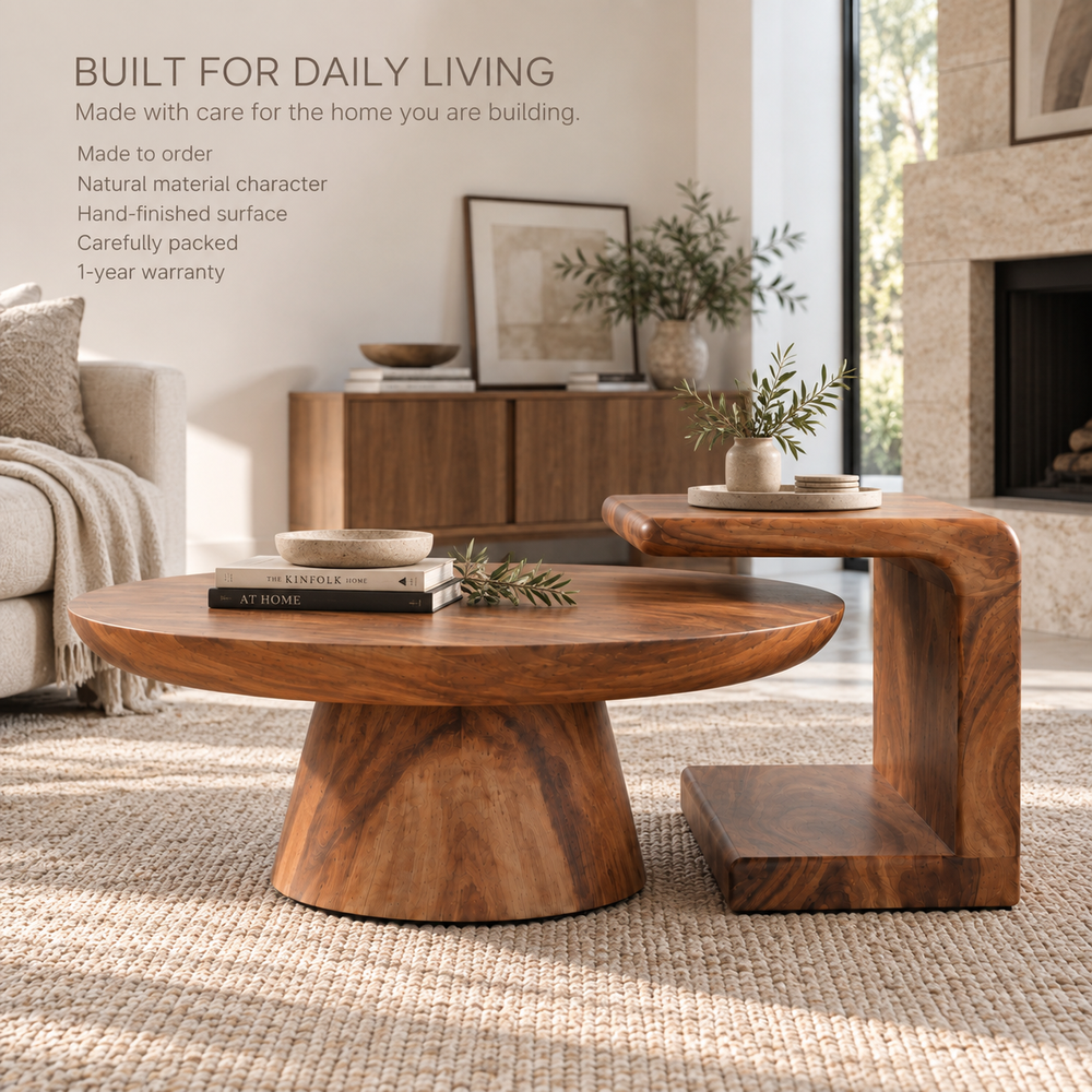 Eira Sculptural Solid Wood Coffee Table Set - Design 355 - product detail and styling view 8