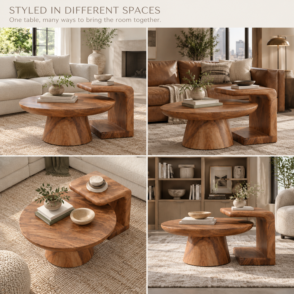 Eira Sculptural Solid Wood Coffee Table Set - Design 355 - product detail and styling view 9