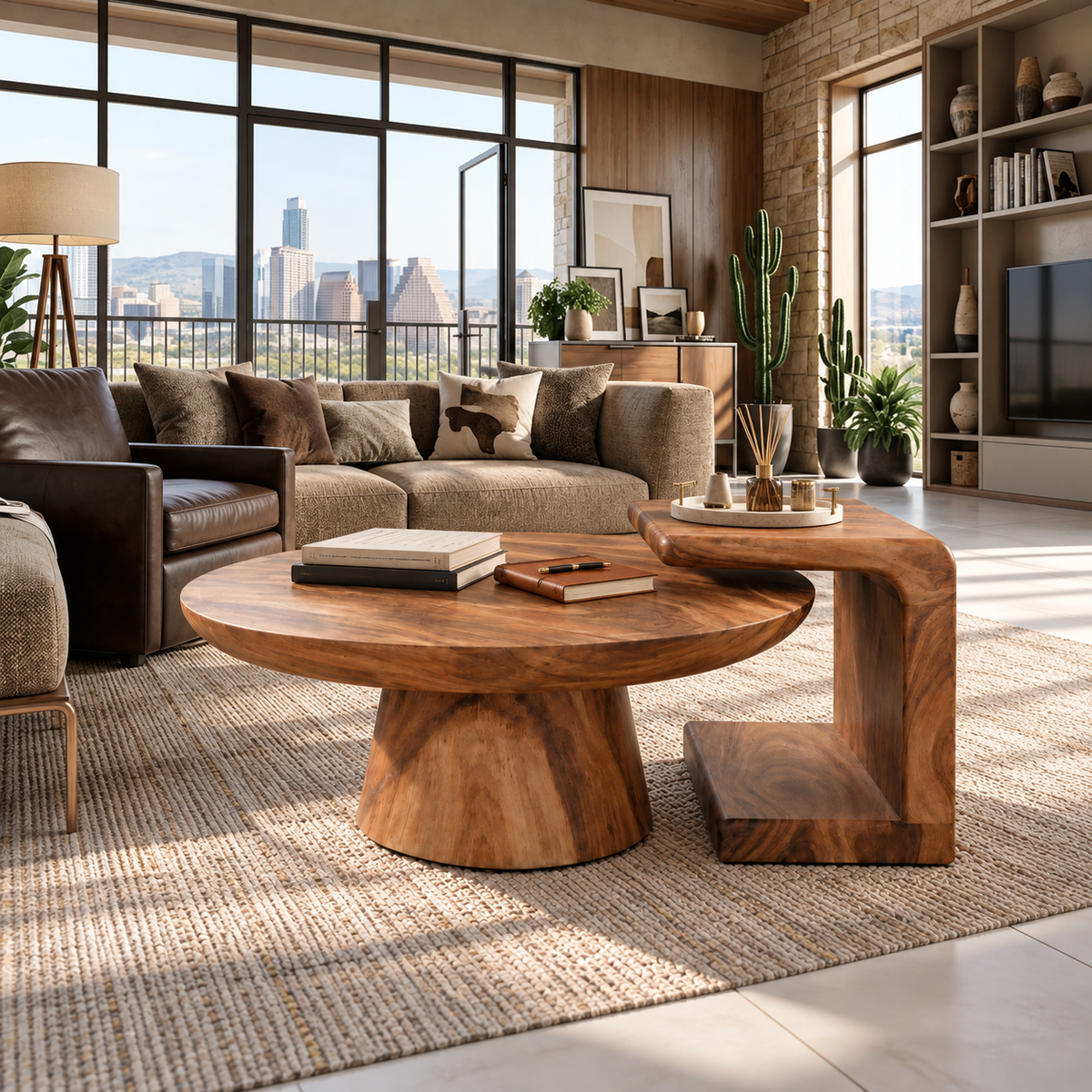 Eira Sculptural Solid Wood Coffee Table Set - Design 355 - main view