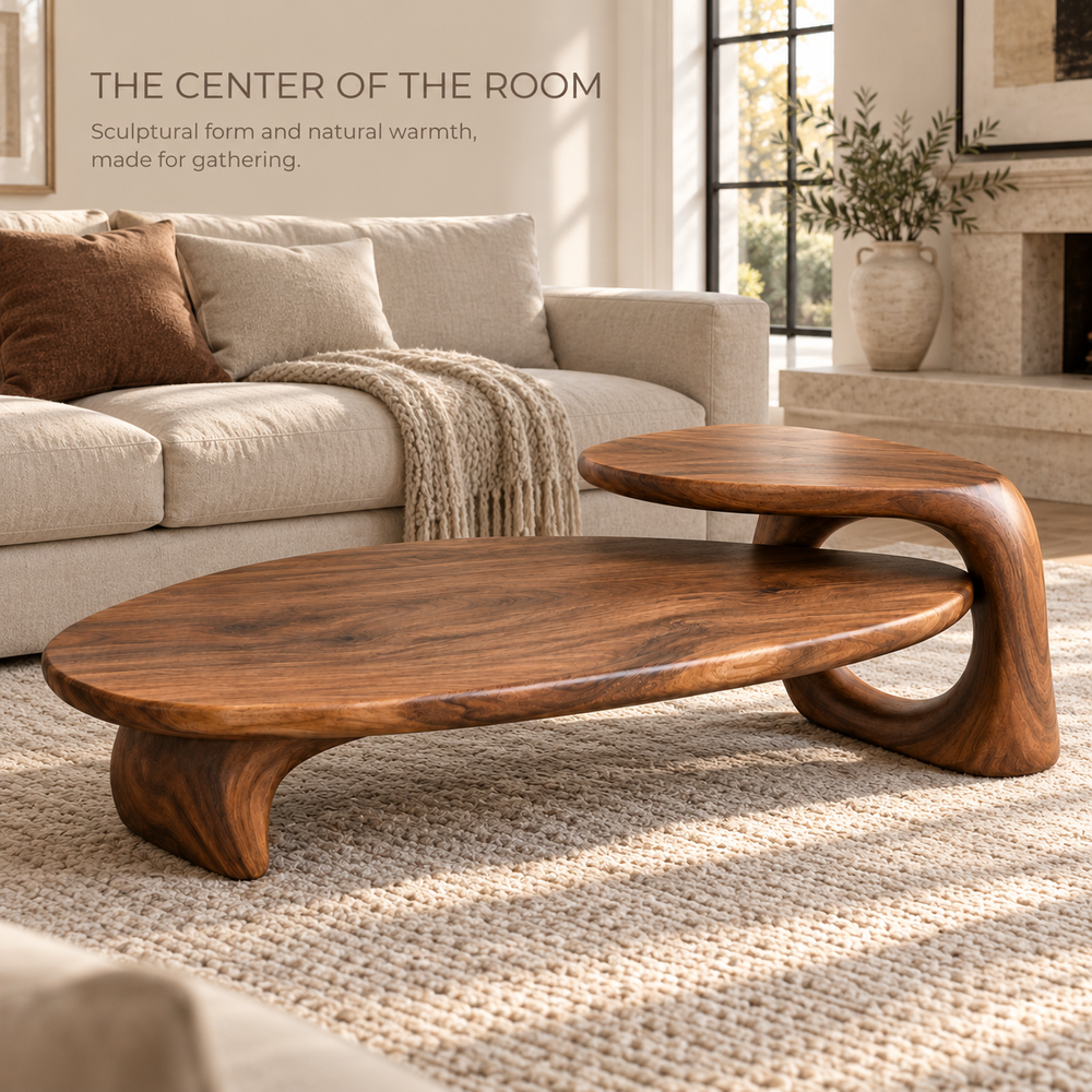 Kaia Sculptural Solid Wood Coffee Table - Design 356 - main lifestyle view
