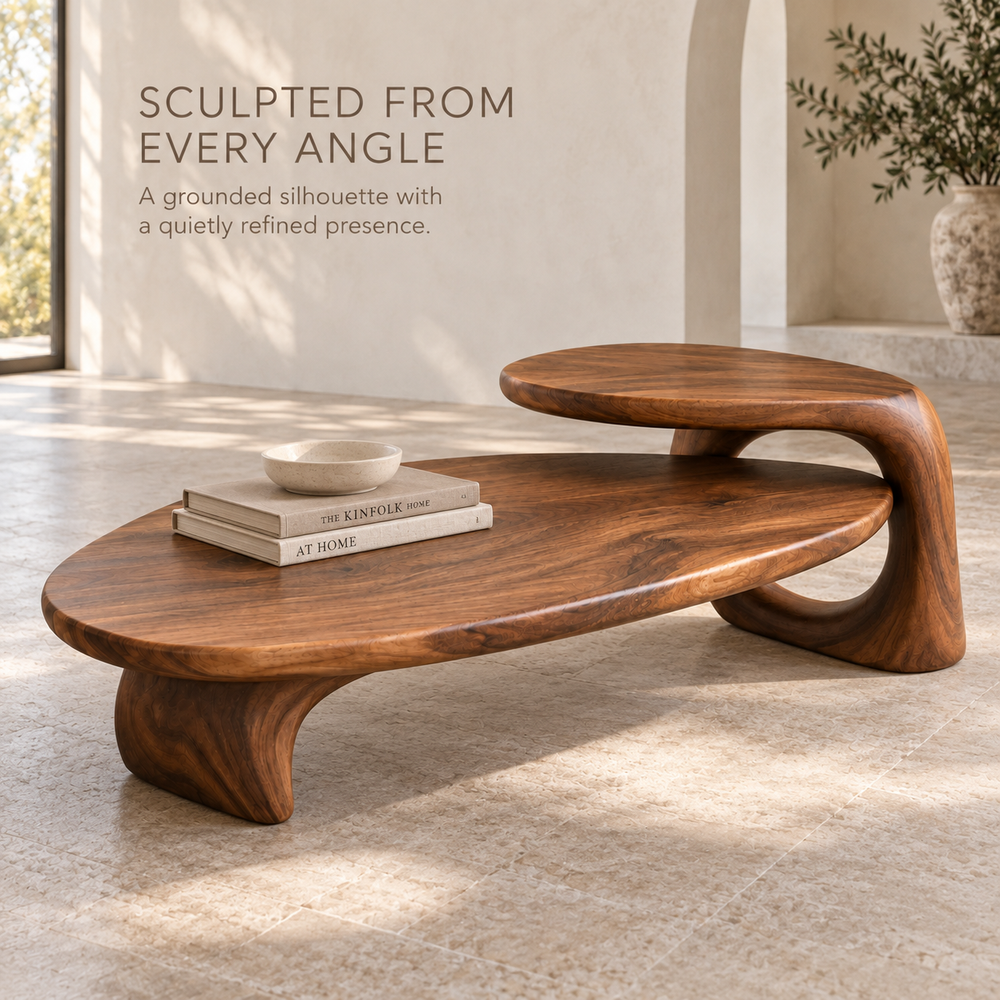 Kaia Sculptural Solid Wood Coffee Table - Design 356 - product detail and styling view 2