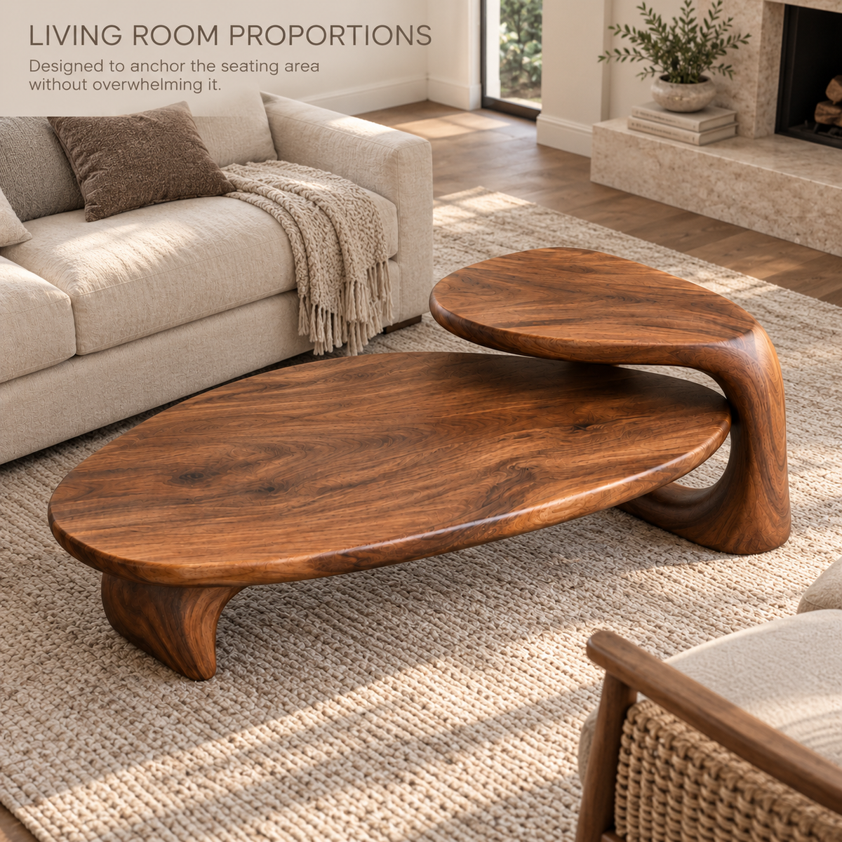 Kaia Sculptural Solid Wood Coffee Table - Design 356 - product detail and styling view 3