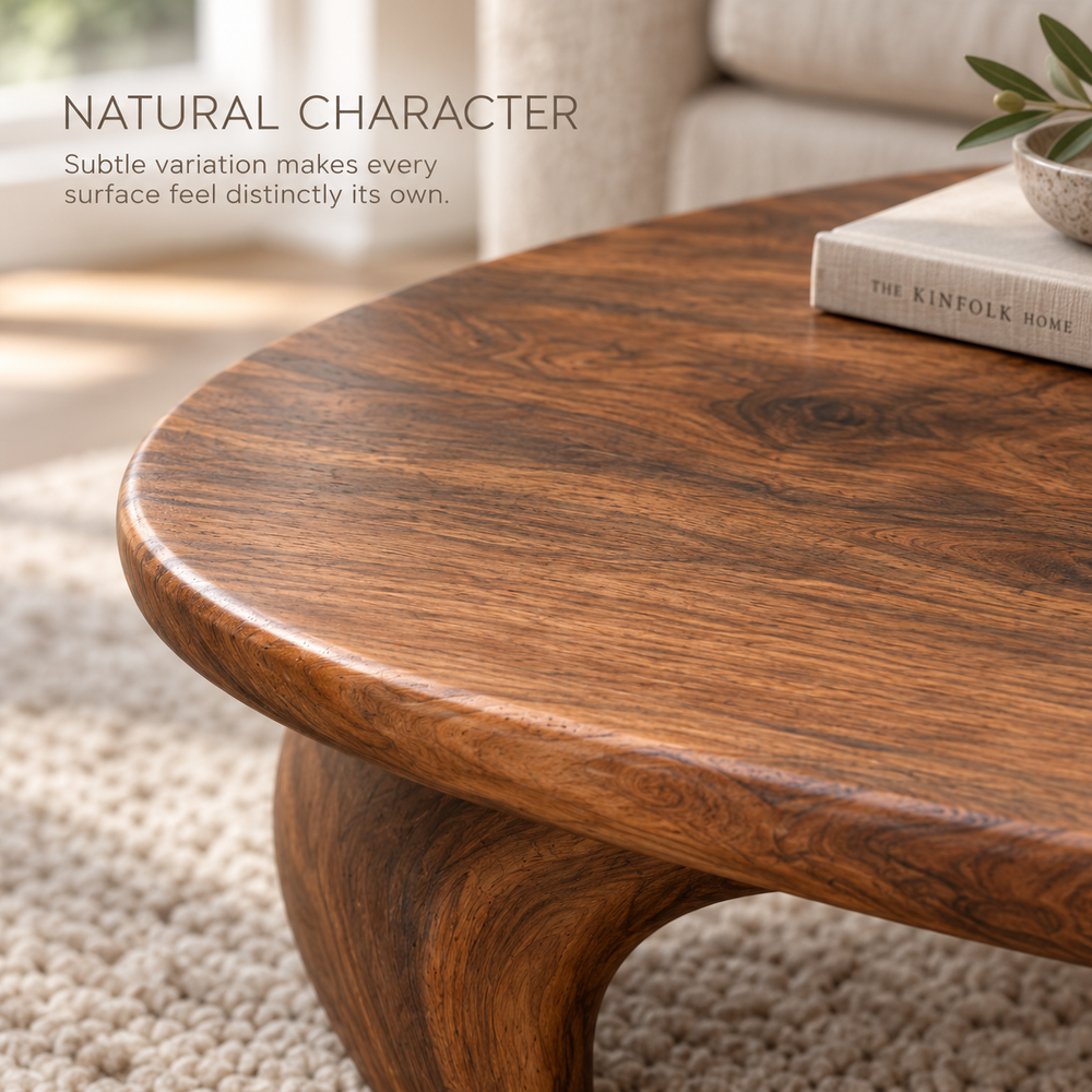 Kaia Sculptural Solid Wood Coffee Table - Design 356 - product detail and styling view 4