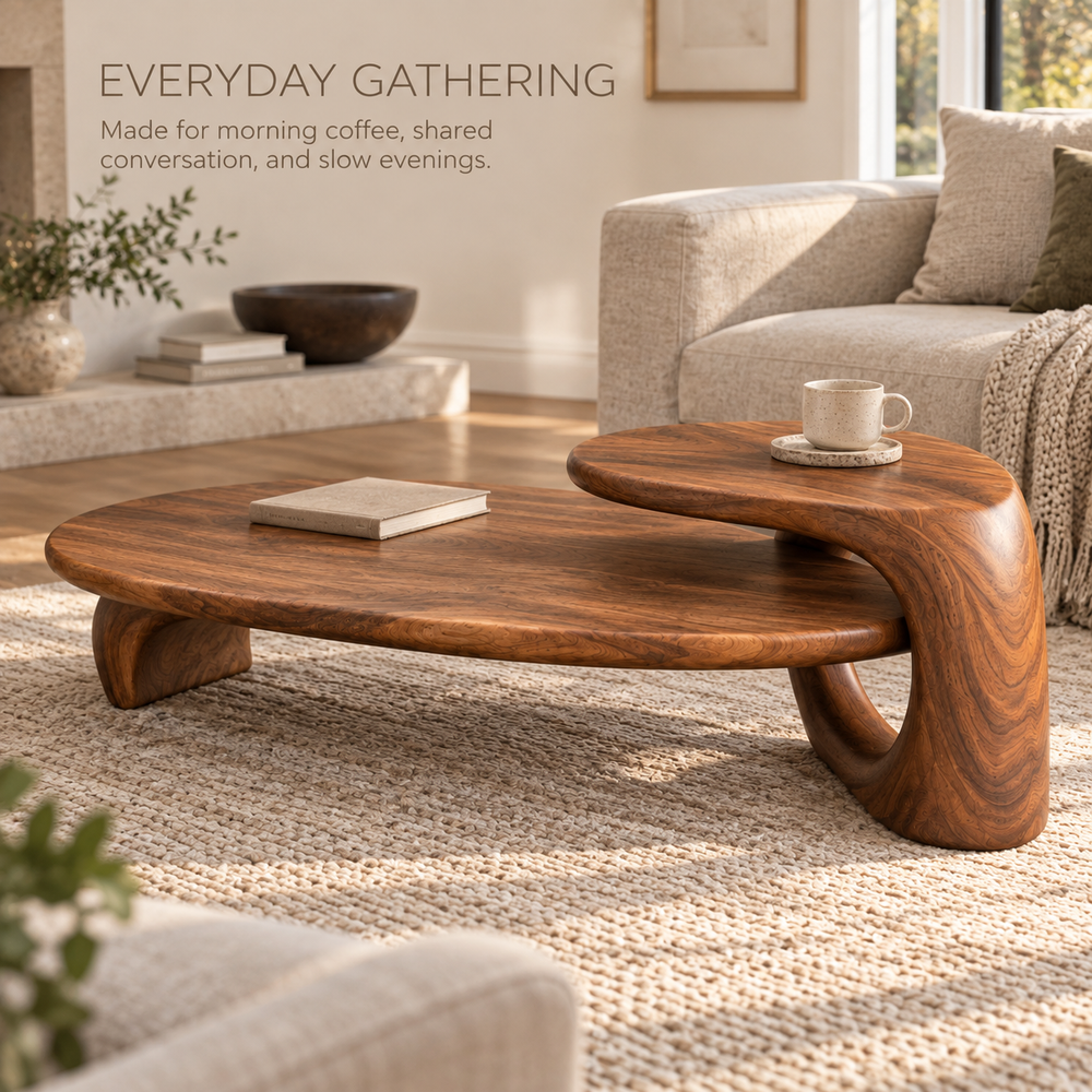 Kaia Sculptural Solid Wood Coffee Table - Design 356 - product detail and styling view 6