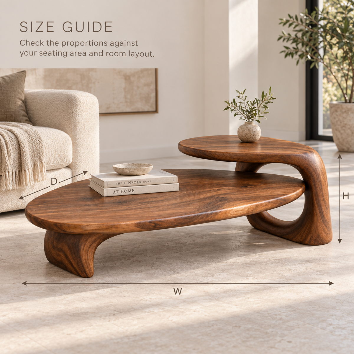 Kaia Sculptural Solid Wood Coffee Table - Design 356 - product detail and styling view 7