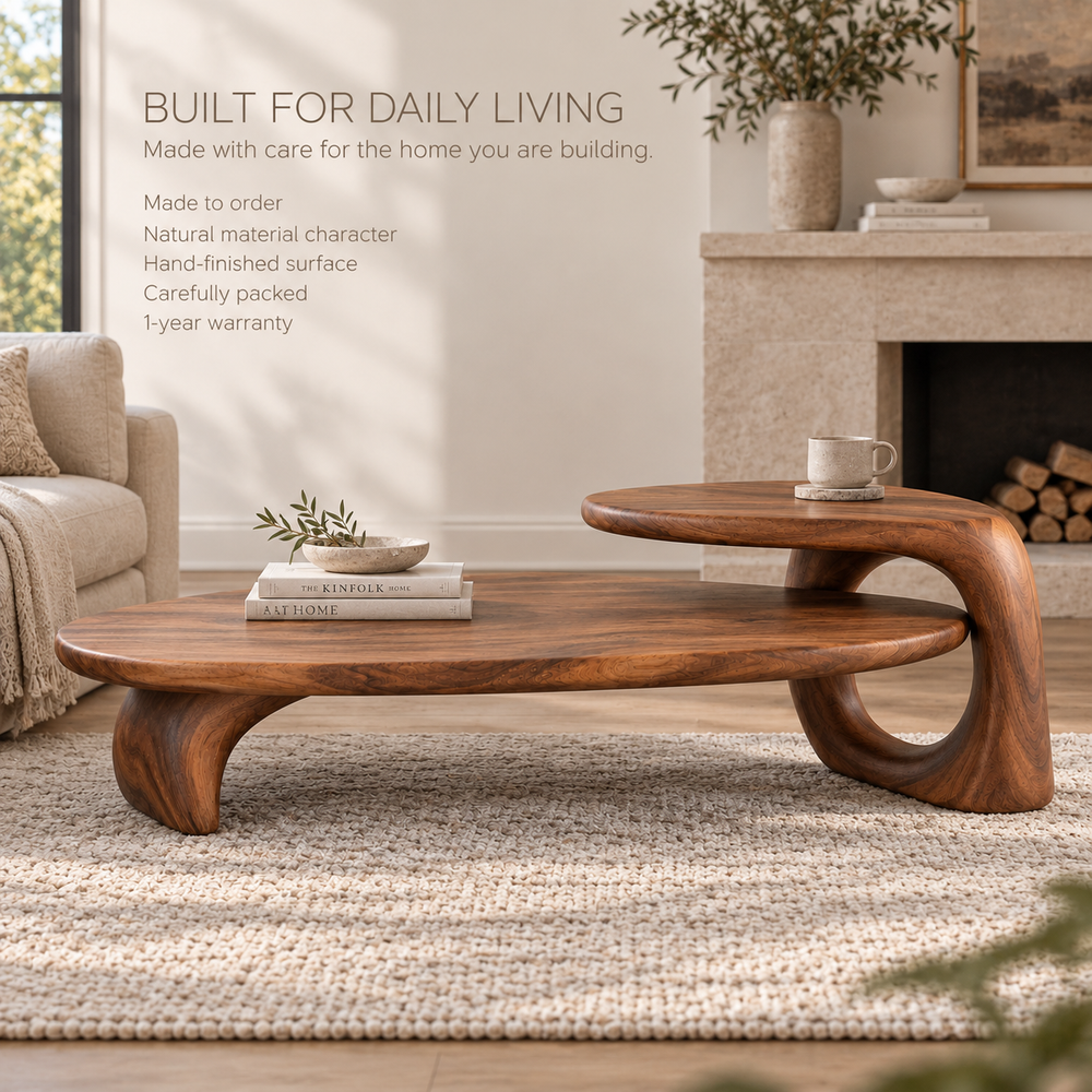 Kaia Sculptural Solid Wood Coffee Table - Design 356 - product detail and styling view 8