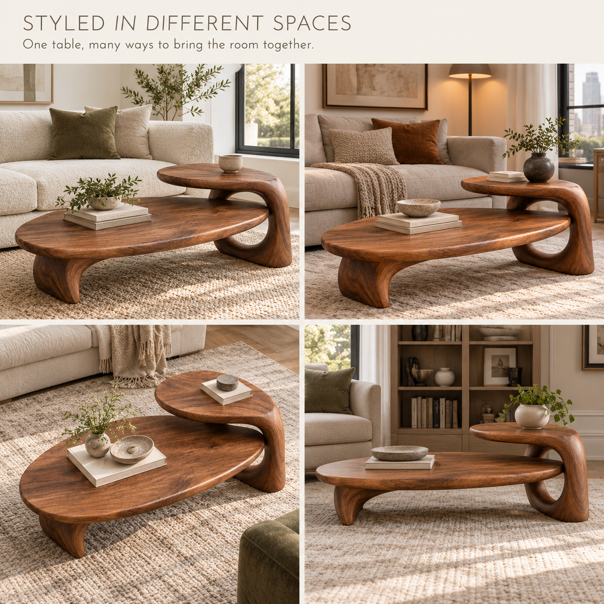 Kaia Sculptural Solid Wood Coffee Table - Design 356 - product detail and styling view 9