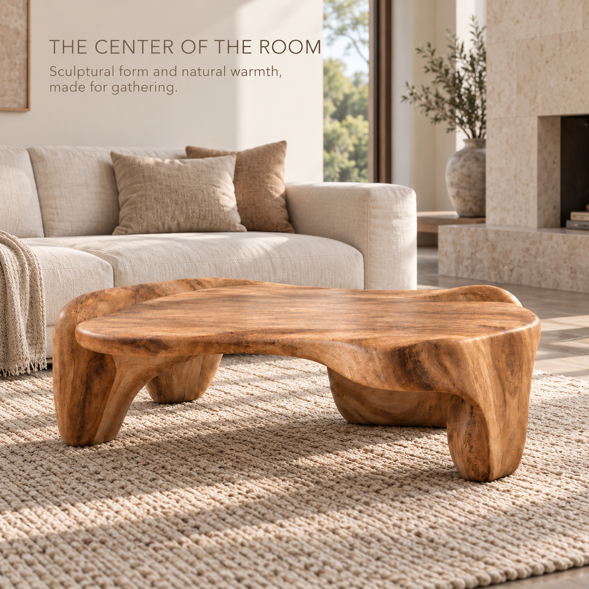 Remy Sculptural Solid Wood Coffee Table - Design 357 - main lifestyle view