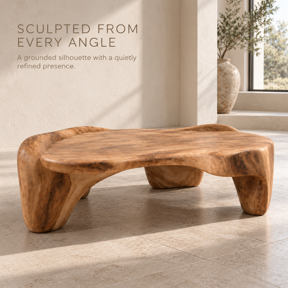 Remy Sculptural Solid Wood Coffee Table - Design 357 - product detail and styling view 2