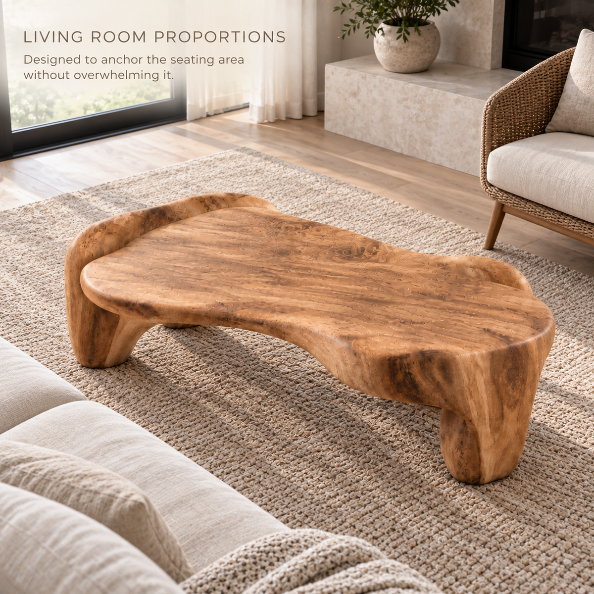 Remy Sculptural Solid Wood Coffee Table - Design 357 - product detail and styling view 3