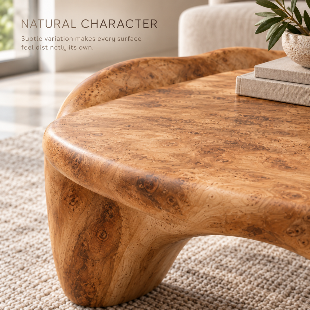 Remy Sculptural Solid Wood Coffee Table - Design 357 - product detail and styling view 4