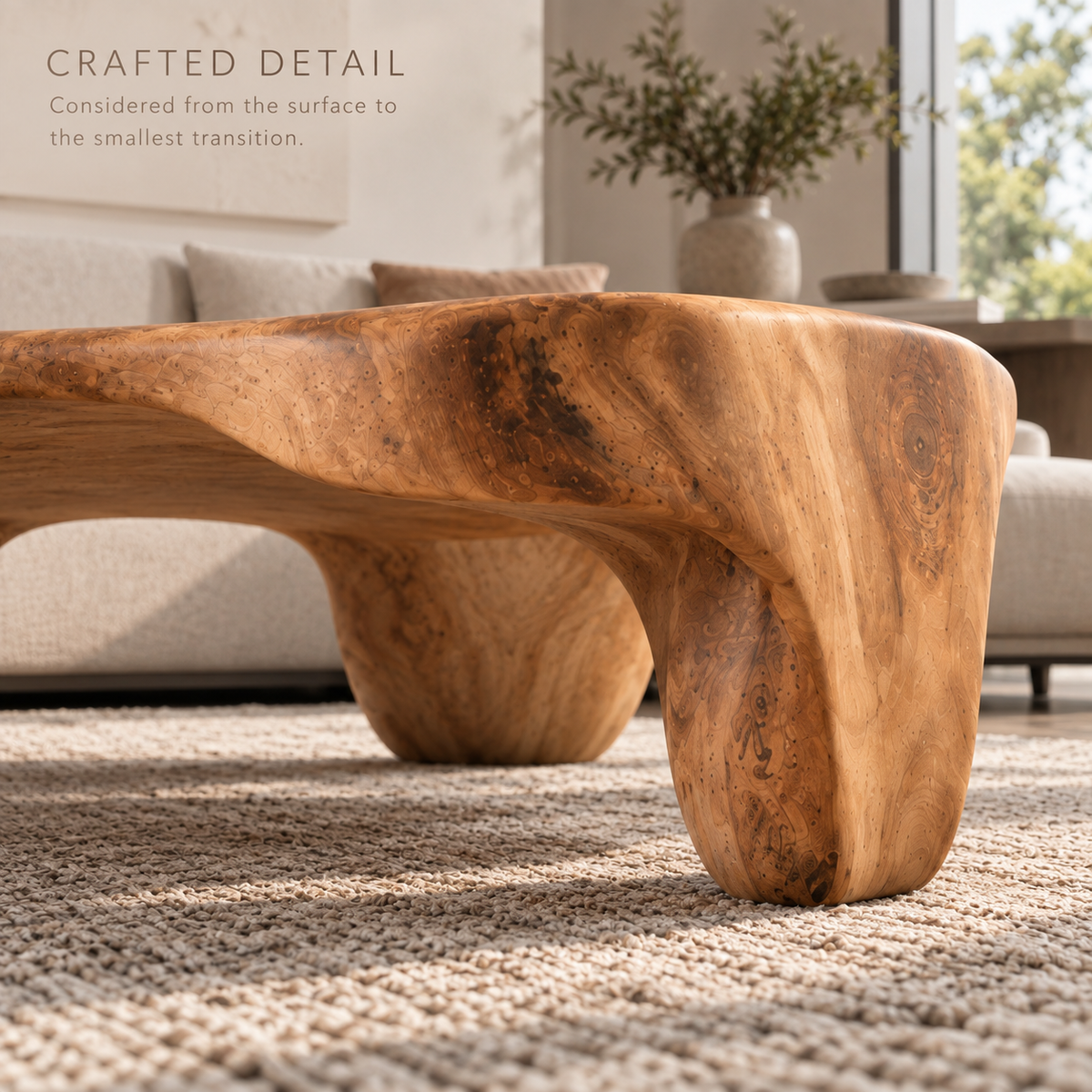 Remy Sculptural Solid Wood Coffee Table - Design 357 - product detail and styling view 5