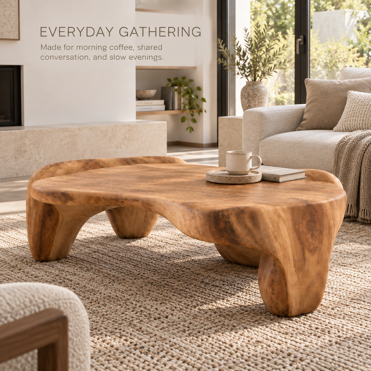 Remy Sculptural Solid Wood Coffee Table - Design 357 - product detail and styling view 6