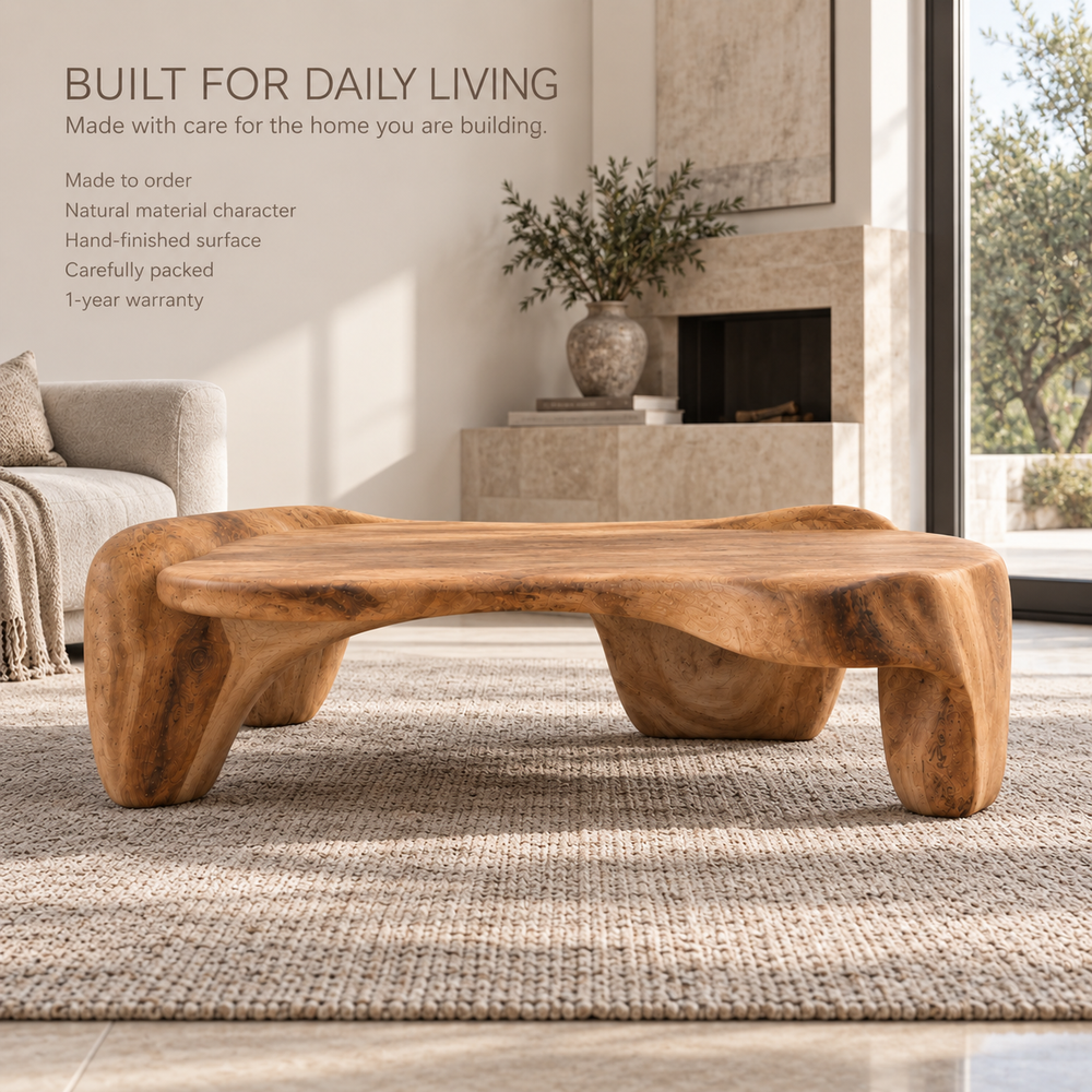 Remy Sculptural Solid Wood Coffee Table - Design 357 - product detail and styling view 8