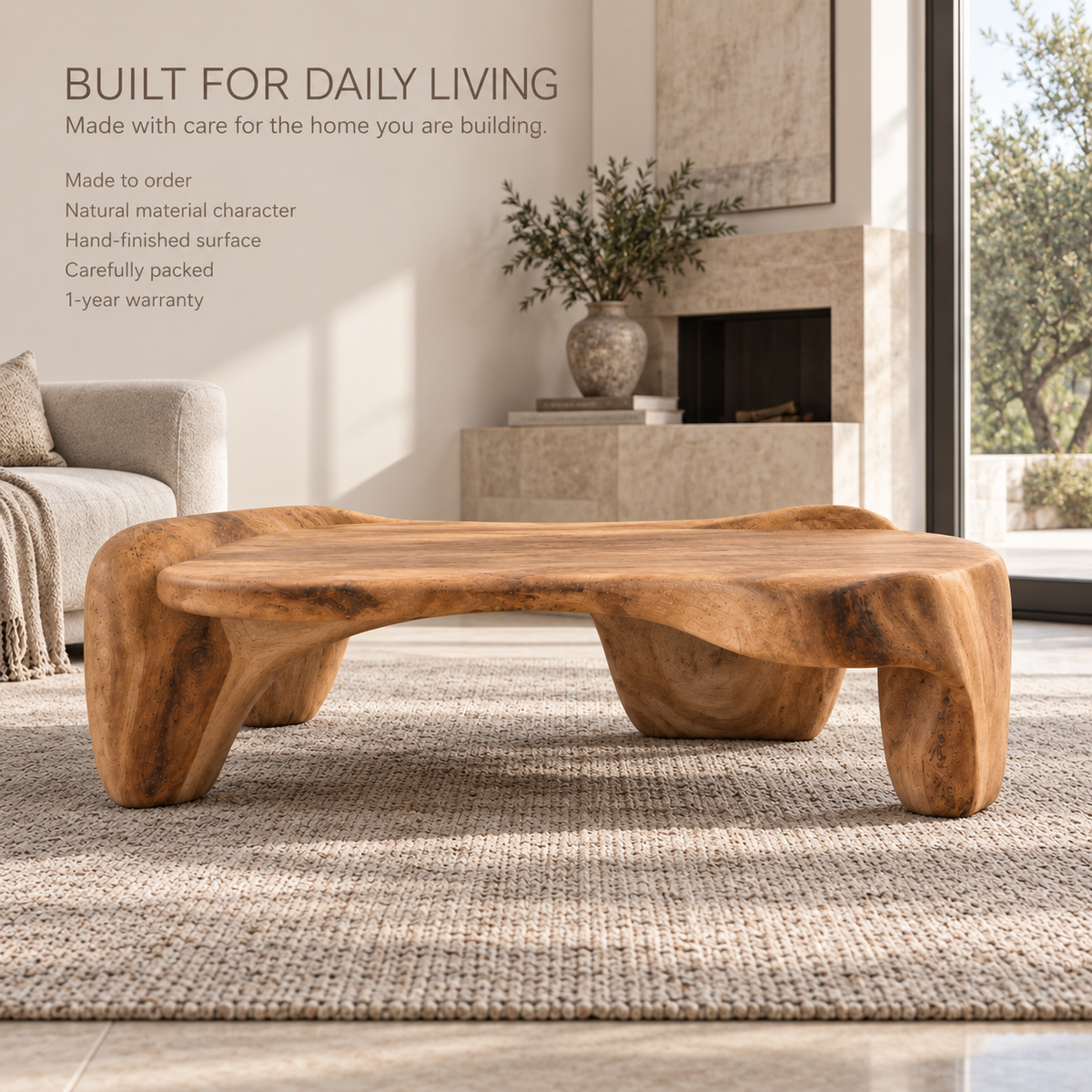 Remy Sculptural Solid Wood Coffee Table - Design 357 - product detail and styling view 8