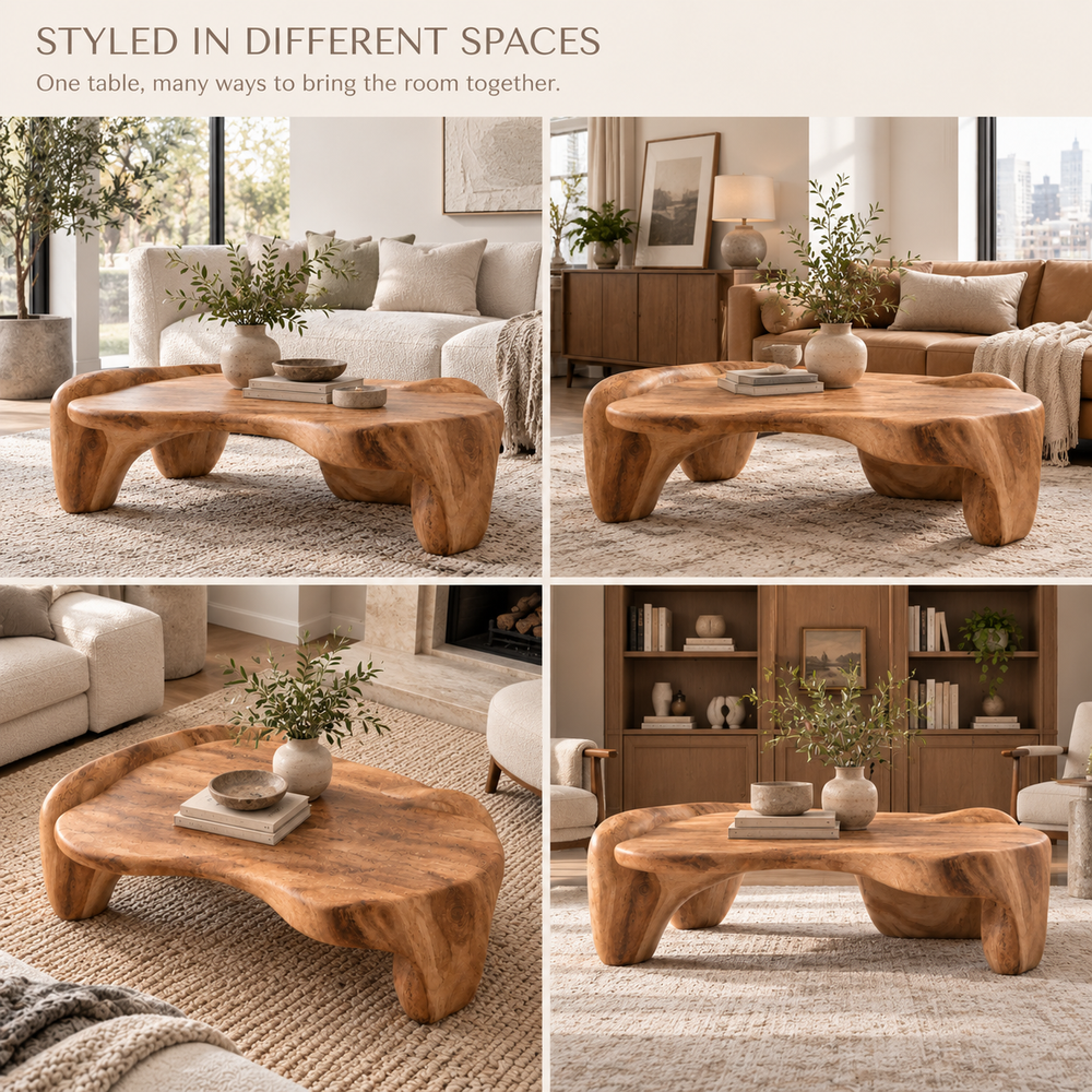 Remy Sculptural Solid Wood Coffee Table - Design 357 - product detail and styling view 9